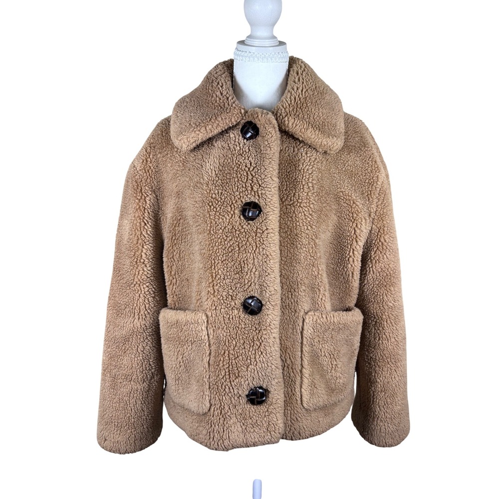 Zara Teddy Faux Shearling Jacket S 6 Camel Cropped Grandpacore Quiet Luxury - Picture 2 of 7